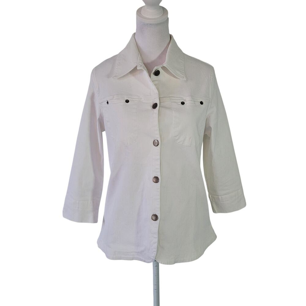 Pink Pineapple Size S White Denim‎ Jean Jacket Full Button Up Collared Casual
